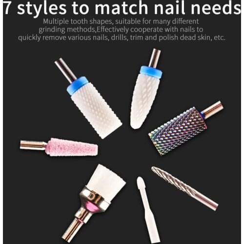 7PCS/box Drill Bit Set Nail Bits Ceramic Tungsten Gel Polish Manicure Accessories Electric Nail Art Tools Set With Storage Box