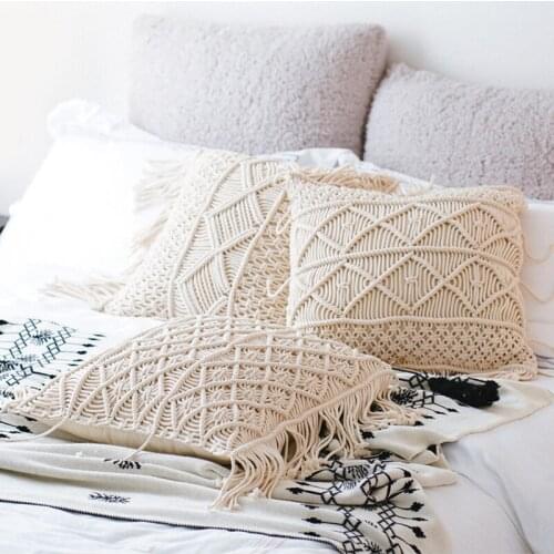 45x45cm Bohemian hand woven cotton rope cushion cover beige throw pillowcase fringes lumbar pillow cover for backrest home decor
