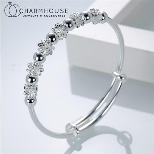 Silver Cuff Bangles For Women Lucky Beads Bracelet & Bangle Adjustable Pulseira Femme Wristband Wedding Jewelry Accesories Gifts
