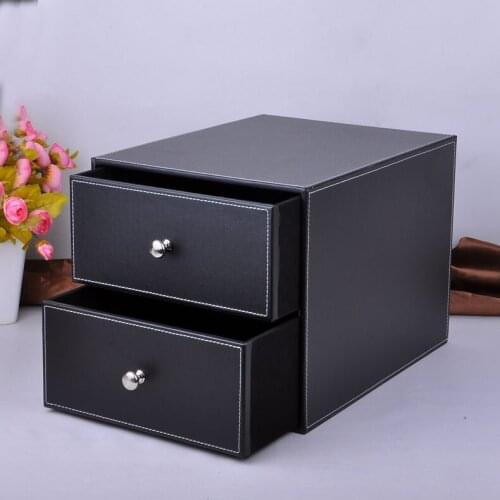 2- layer double drawer wood structure leather desk filing cabinet storage box office organizer document container blackPWJG005