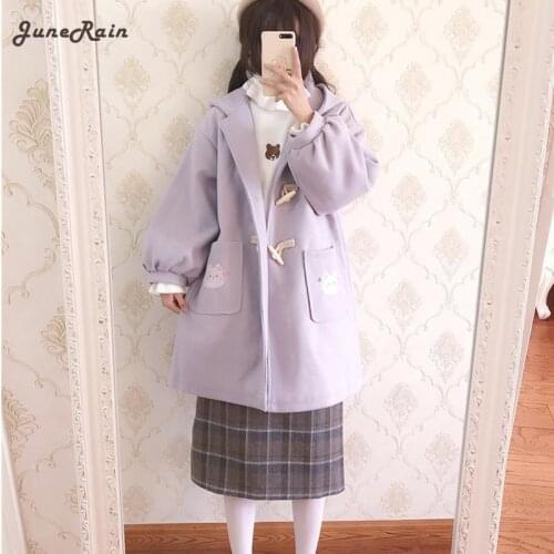 JuneRain Women Autumn Warm Kawaii Wool Blend Coat Female Vintage Hooded Pocket Outerwear Sweet Cartoon Cute Horn Button Overcoat