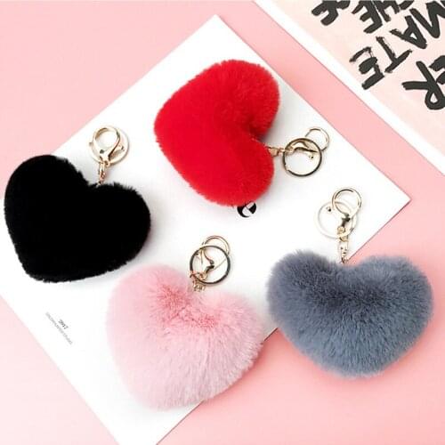 Trendy Heart Ball Pom Pom Keychain Fluffy Faux Rabbit Fur Pompom Key Chains Women Bag Charms Trinket Accessories Keyring Llavero