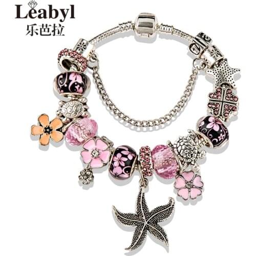 Leabyl Classic Ocean Pink Flower Crystal Charm Bracelet for Women Girl Cute Starfish Turtle Diy Animal Bead Bracelet Pulseira
