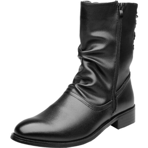 Men Winter Boots Men Black Pointed Toe Leather Boots Fashion Plus Velvet Warm Motorcycle Boots Autumn Winter Shoes Men Shoes