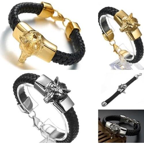 15mm Punk Black Braided Genuine Leather Stainless Steel Silver Color/Gold Wolf Head Biker Jewelry Mens Bracelet Bangle 8.26"