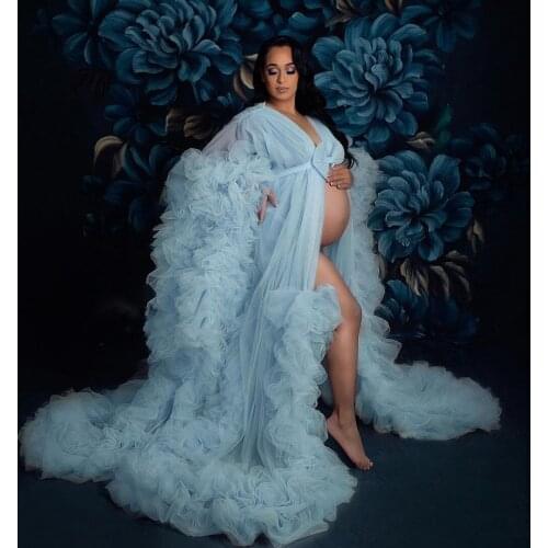 Ruffles Blue Tulle Kimono Women Dresses Robe for Photoshoot Extra Puffy Sleeves Prom Gowns African Cape Cloak Maternity Dress