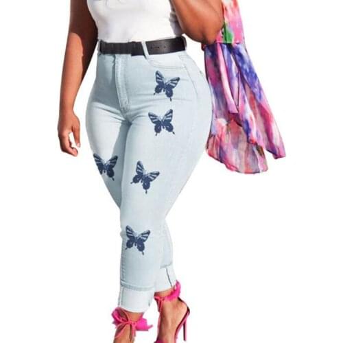 Autumn Women Blue Tight Jeans Fashion Butterfly Print Mid Waist Slim Fit Jeans Women Casual Skinny Denim Pencil Pants Pantalones