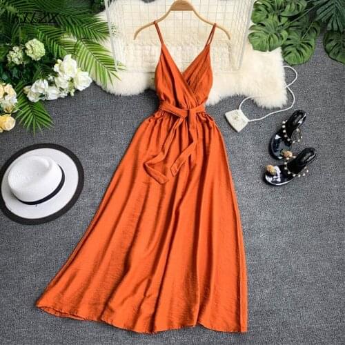 FTLZZ Maldives Holiday Dress Sexy Backless Straps V-neck Dress Women Solid Color Thai Seaside Maxi Long Big Swing Fairy Dress