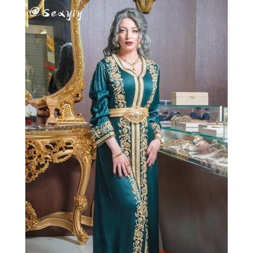 Luxury Green Kaftan Abaya Evening Dress With Beaded Long Sleeve Crystal Moroccan Prom Dresses 2021 Silk Satin Robe De Soirée