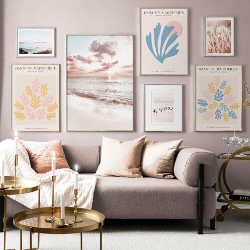 Calm Birds Ocean View Grass Peach Sunset Papercut Wall Art Print Canvas Painting Nordic Poster Decor Pictures For Living Room
