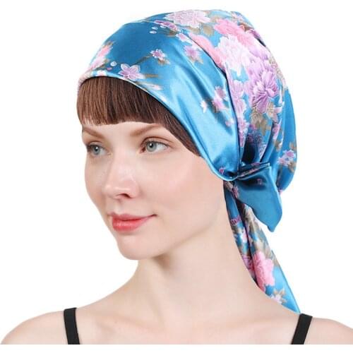 2021 New Print Women Inner Hjiab Caps Soft Satin Flowers Muslim Fashion Turbante Mujer Ready To Wear Turban Bonnet