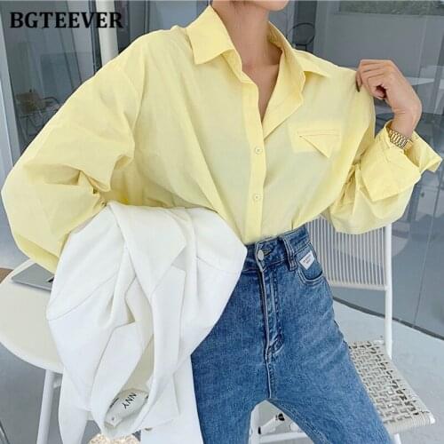 BGTEEVER Chic Yellow Turn-down Collar Women Shirts Blouses 2021 Autumn Elegant Loose Single-breasted Ladies Blouses Tops