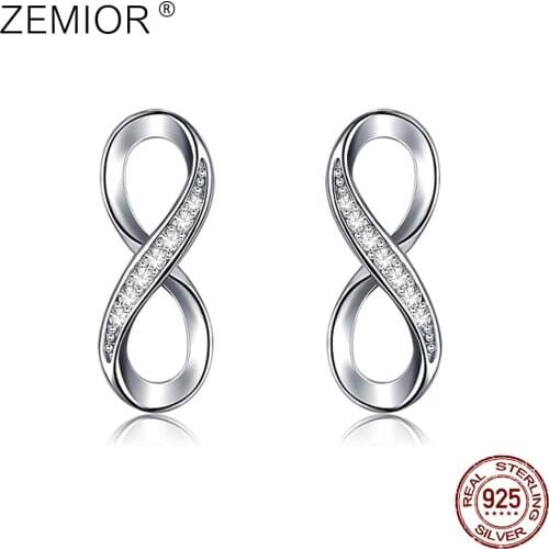 ZEMIOR Women 100% 925 Sterling Silver Stup Earrings White Geometric Zircon Romantic Fashion Gift For Girlfriend Fine Jewelry