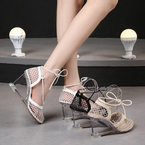 Summer Mesh Ankle Strap Wedges Women Sandals Walk Show High Heels Nightclub Shoes Sexy Stripper Party Dress Pumps Black White