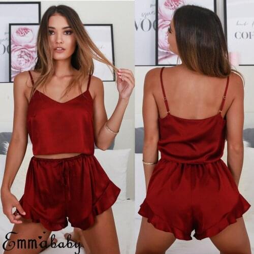 2PCs Womens Satin Sleepwear Lingerie Set Red V-Neck Camisole + Drawstring Ruffles Shorts Pajama Sets Nightwear Swimwear