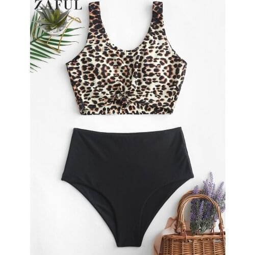 ZAFUL Leopard Animal Print Knotted Tankini Swimwear Women Sexy High Waist Female Summer Swimsuit Two Pieces Bikinis 2021 Mujer