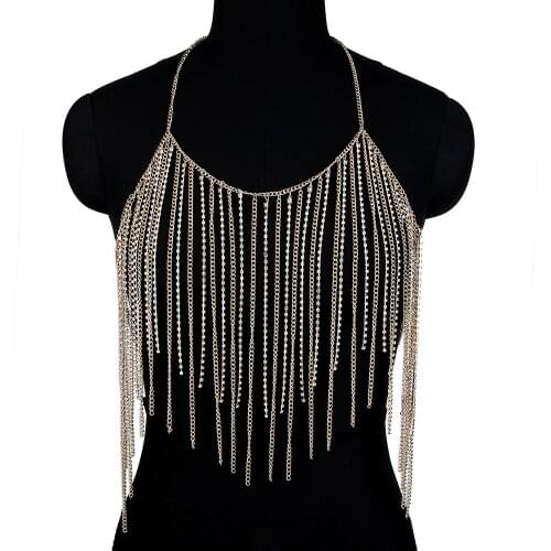 Womens Sexy Tassel Rhinestone Decor Top Linked Halter Bralette Chest Chain Gothic Punk Fashion Festival Jewelry Accessories