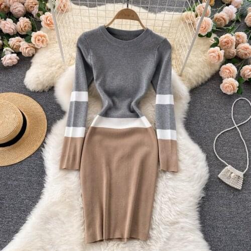SINGREINY Women Elastic Knitted Dress Long Sleeve O Neck Elastic Slim Pencil Dresses Autumn Korean Sexy Bodycon Sweater Dress
