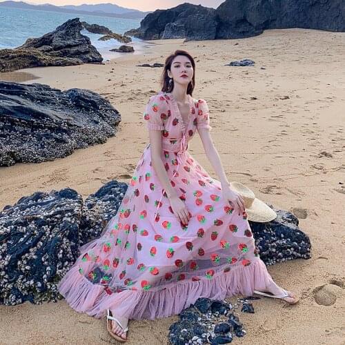 Women Dress Deep V Neck Voile Strawberry Embroidery Sequined Lace-Up Dresses Puff Sleeve Long Holiday Ladies Dress Vestidos