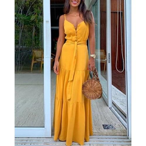 Women Solid Color Spaghetti Strap Casual Long Dress V Neck Button Knotted Ruffle Maxi Dress