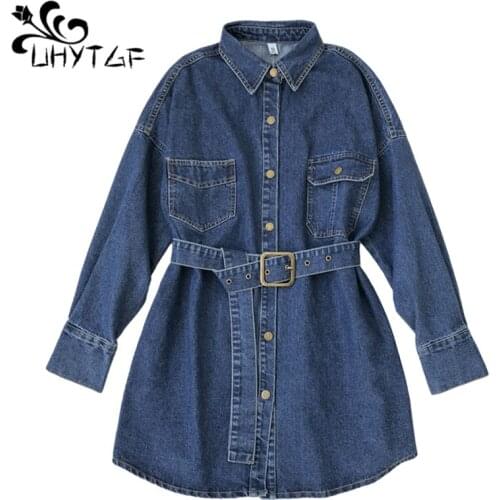 UHYTGF Winter Denim Jacket Womens Fashion Lapel Single-Breasted Casual Female Dress With Belt Waist Mid-Length Jeans Coats 1479