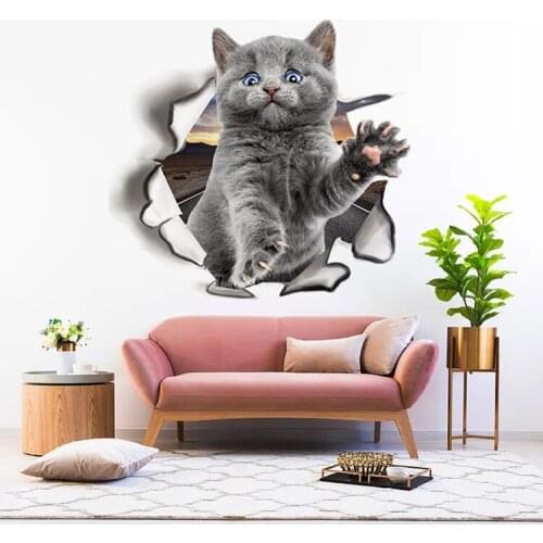 3D Broken Wall Vivid Kitten Wall Sticker Toilet Sticker Toilet Toilet Cover Bedroom Wall Mount Sticker Wall Sticker