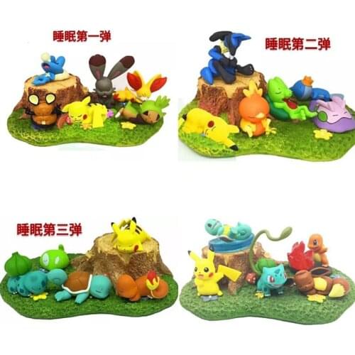 6Pcs/set Pokemon Action Figures Cute Sleep Pikachu Squirtle Model Toys Car Desktop Ornaments Cartoon Pocket Monsters Dolls Gift