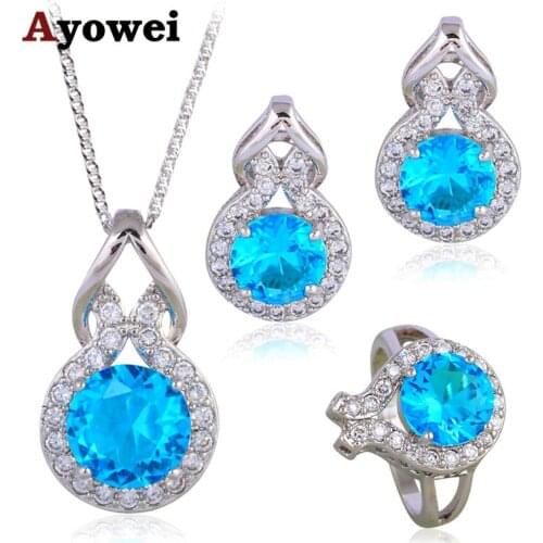 AAA Zirconia Silver Stamped Nobby Fashion Jewelry Set Blue Zircon Wedding Crystal Earrings Necklace Ring JS623A