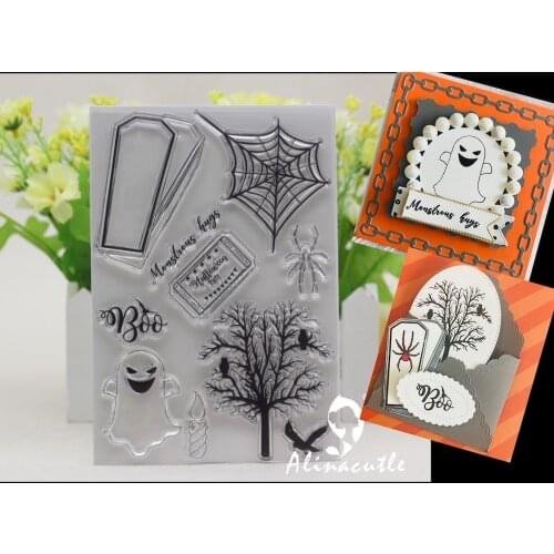 AlinaCraft CLEAR STAMPS halloween boo tree spider ghost Scrapbook Card album paper craft rubber roller transparent silicon stamp