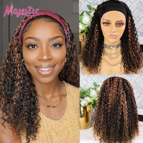Glueless Headband Wig Curly Human Hair 4/27 Colored Highlights Wigs For Women Water Wave 150 Density Full Machine Made Wigs