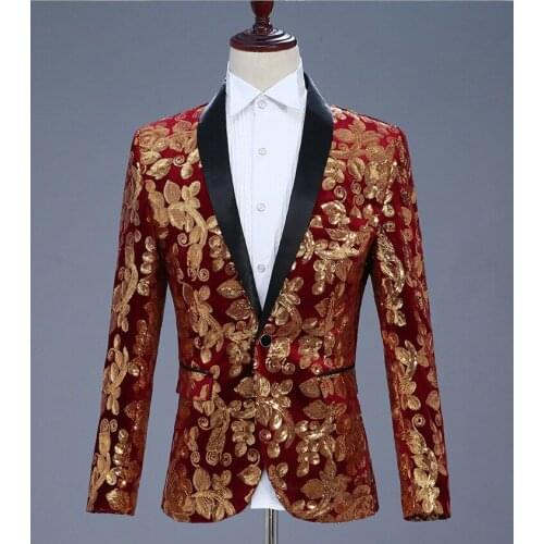 Shiny Gold Floral Sequin Velvet Blazer Men Brand Shawl Lapel One Button Suit Jacket for Party Club Dinner Wedding Prom Stage 2XL