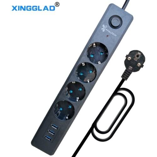 Power Strip EU Plug 4 Outlets 3 USB 1.5A Port with 2M Cable Electrical Cord for Phones Home Office 250V 10A 2500W Socket