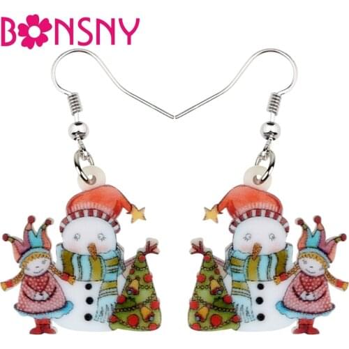 Bonsny Acrylic Christmas Snowman Tree Girl Earrings Drop Dangle Cartoon Sweet Jewelry For Women Teen Gift Party Charms Wholesale