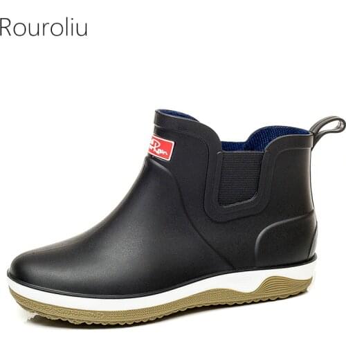 Rouroliu Men Fashion Rain Boots Anti Slip Short Ankle Work Boots Waterproof Fishing Garden Water Shoes Elastic Band