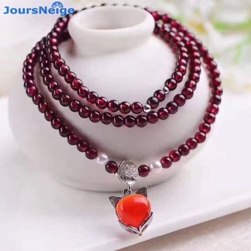 Wholesale Wine Red Natural Garnet Stone Bracelets Red Fox Pendant Lucky Women Birthday Gift Crystal Bracelet Multilayer Jewelry