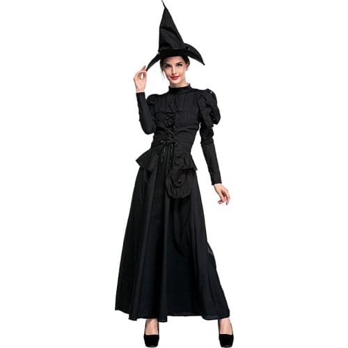 Fast Shipping Mysterious Solid Black Witch Costume Long Sleeves Maxi Dress Masquerade Halloween Party Role Play Clothing