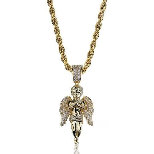Hip Hop Iced Out Praying Angel Hands Baby Gold Pendant Necklace Religious Christ Wings 3A Cubic Zirconia Bling Jesus Piece Gift