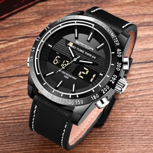 To Luxury Brand SANDA Watches Men Sports Watches Leather Band LED Digital Analog Quartz Watches Men Waterproof Military Watches
