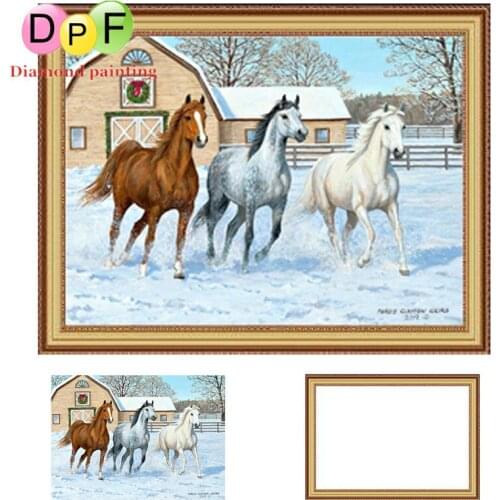DPF Framed Diamond Embroidery Horses running Round full Diamond Painting Diamond Cross Stitch Rhinestone home Decor painting