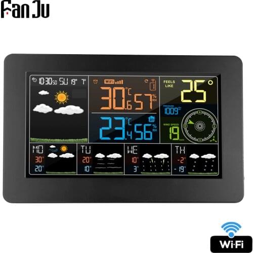 FanJu FJW4 Digital Alarm Wall Clock Weather Station wifi Indoor Outdoor Temperature Humidity Pressure Wind Weather Forecast LCD