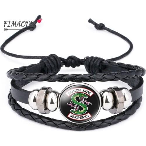 FIMAODZ Riverdale Leather Bracelet South Side Serpents Fashion TV Handmade Glass Button Charm Bracelets Punk Wristband