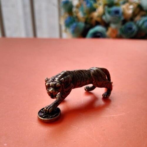 Collection Old Chinese Pure Brass Animal Tiger Yuanbao Get Rich Small Statue