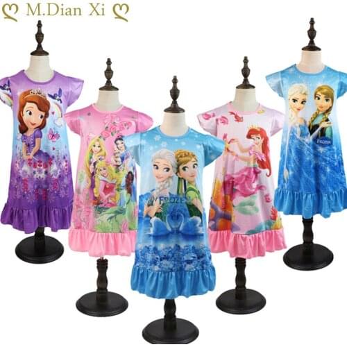 Summer Frozen Elsa Girls Cartoon Dress Home Sleeping Dress Children Girl Home Party Casual Clothes Dresses Kids Costume 2-7Years