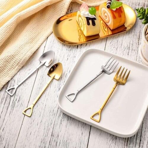 Hot 8 Pieces Shovel Spoon Fork Shovel Coffee Handle Dessert Shape Fork