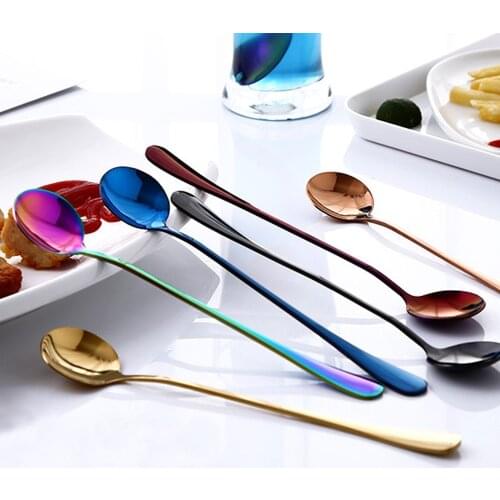 Round head long handle spoon Colorful stainless steel Spoons Flatware Drinking Tools Kitchen Gadget Coffee fruit teaspoon F10