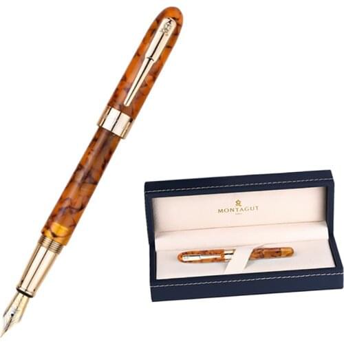 Montagut Celluloid Mini Fountain Pen Yellow-Maple Pocket Size Golden Clip Iridium Fine Nib 0.5mm Fashion Writing Gift Pen
