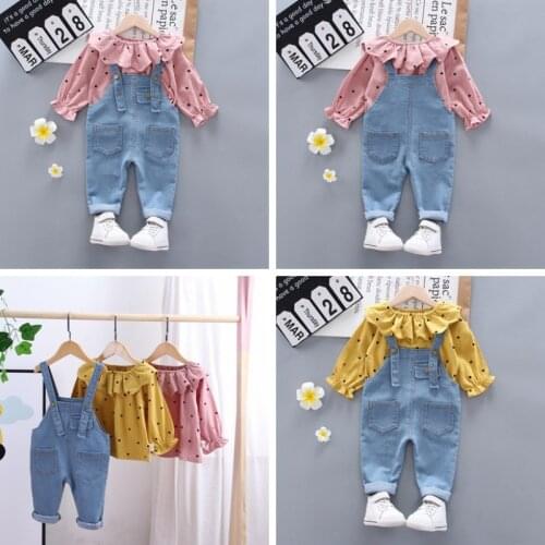 Fashion Autumn Baby Girl Clothes Set Toddler Girl Autumn Outfits Long Sleeve Dot Lapel Print Coat +Strap Trousers Casual Sets