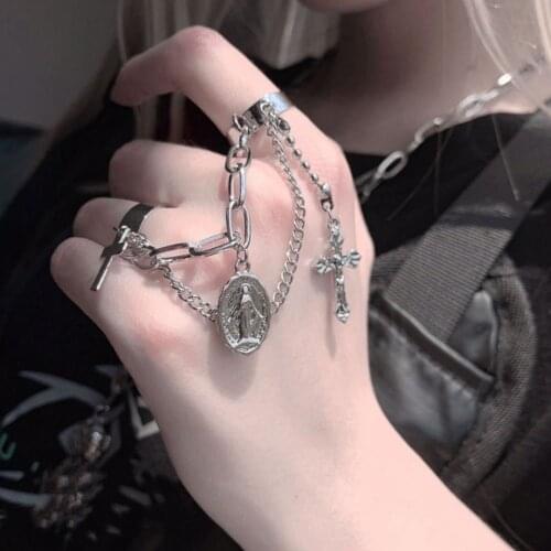 Hip Hop Cross Rings Set For Women Hand Finger Chain Adjustable Double Ring Fashion Vintage Jesus Cross Pendant Punk Jewelry