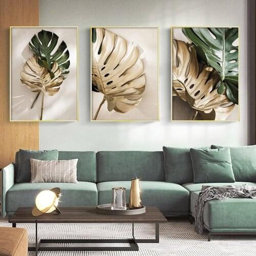 Wall Deco Painting Tropical Green Plants Abstract Art Canvas Print Golden Monstera Leaf Poster Modern Living Room Luxury Picture