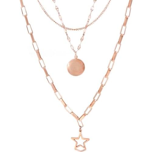 New Fashion Multi-layer Star Round Geometric Necklace Rose Gold Color Stainless Steel Jewelry For Woman Gift Not Fade